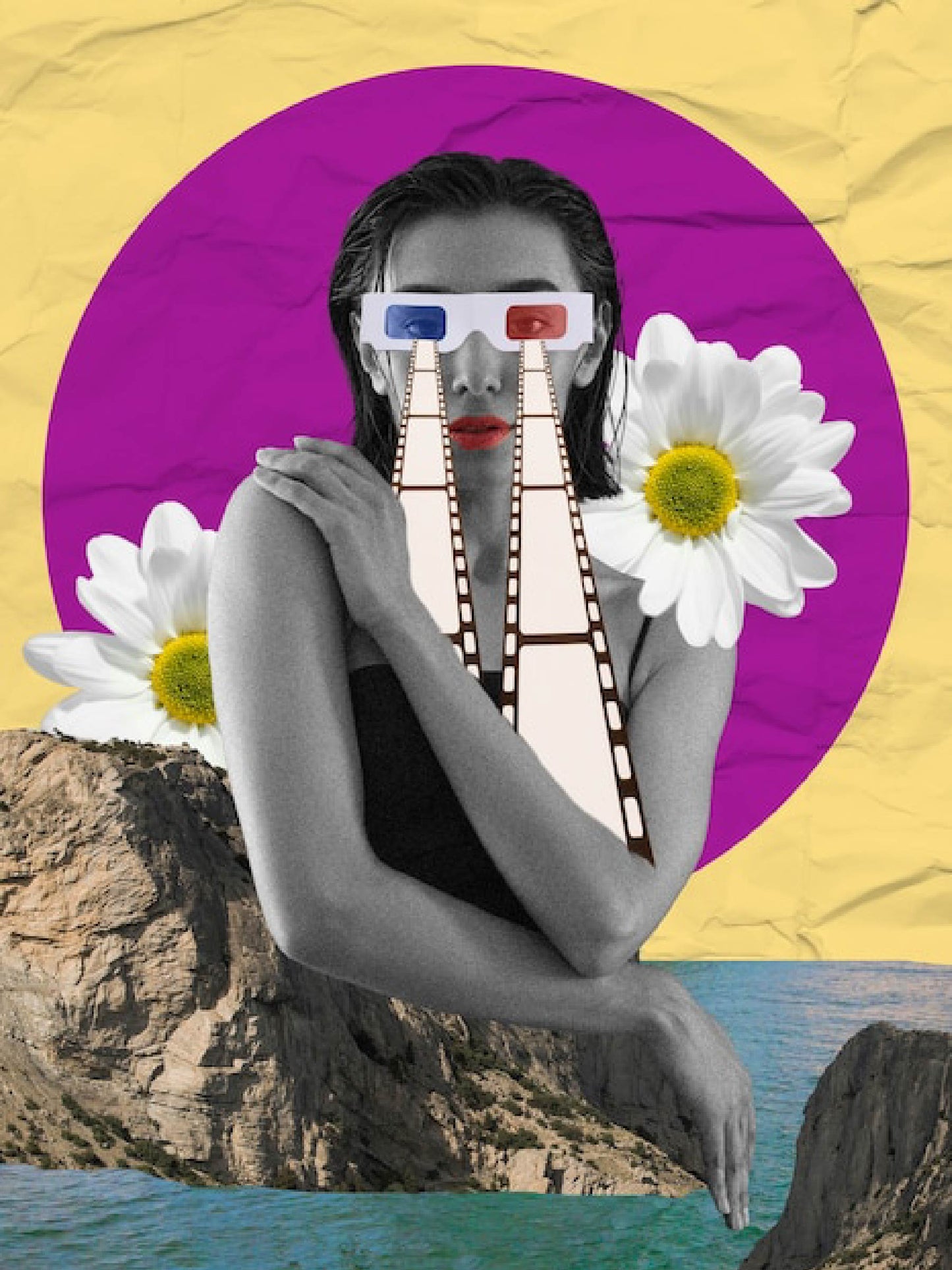 Surreal Digital Collage Artwork – Pop Art with 3D Glasses & Flowers