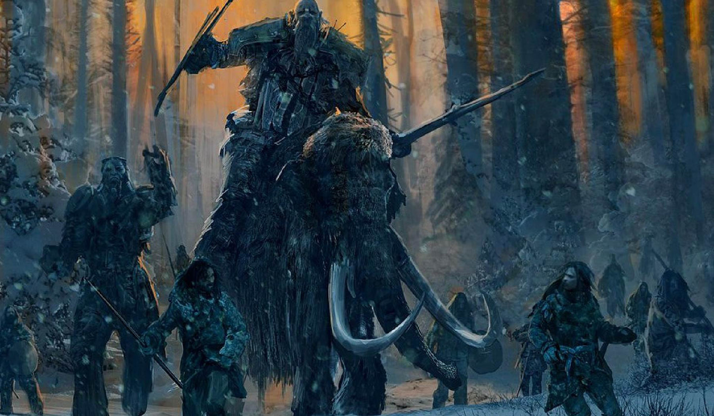Fantasy Battle Digital Artwork of Mammoth Riders and Warriors