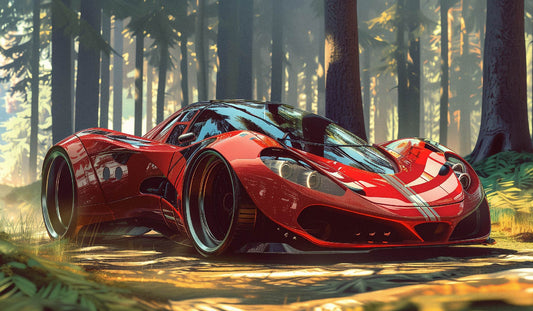 Red Supercar Digital Artwork – Futuristic Car in Forest Scene