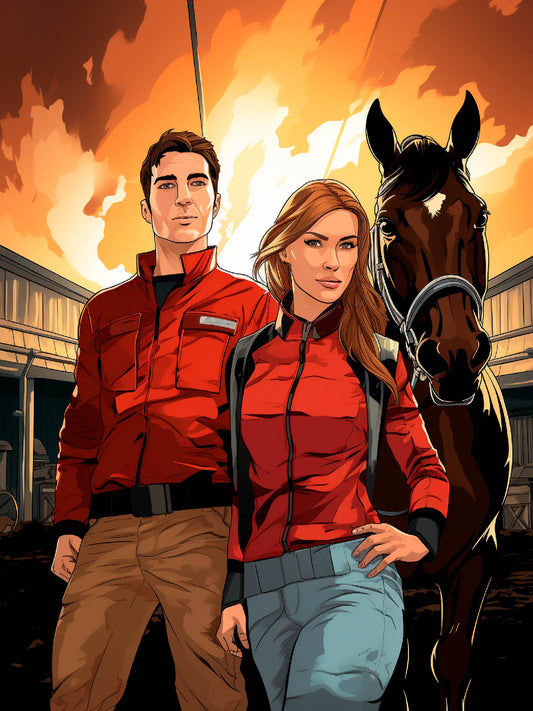 Equestrian Sports Duo Digital Artwork with Horse in Action