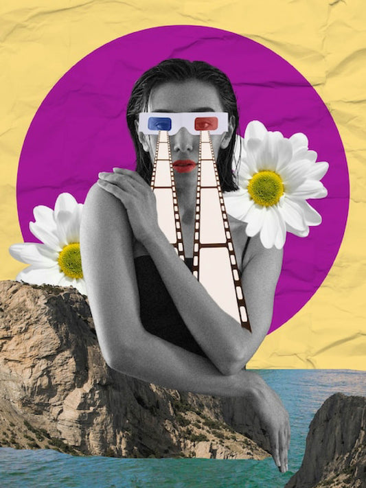 Surreal Digital Collage Artwork – Pop Art with 3D Glasses & Flowers