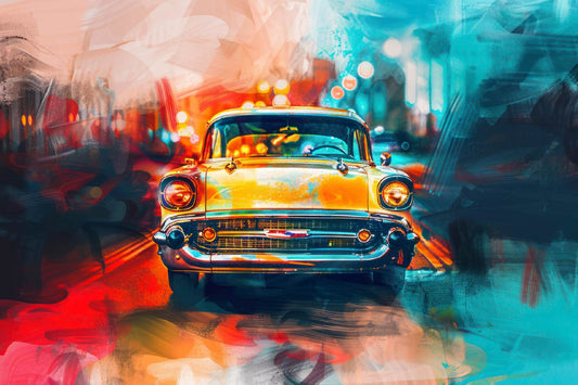 Vintage Car Digital Artwork – Golden Retro Glow