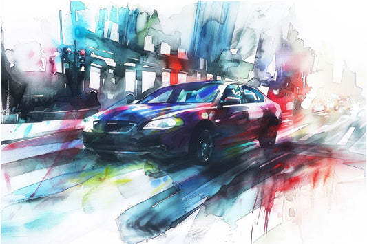 Cityscape Car Digital Artwork – Modern Urban Wall Art