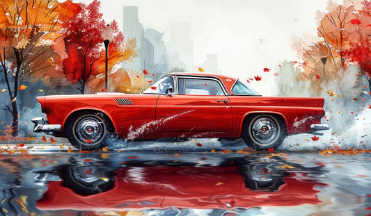 Retro Ride Digital Artwork – Red Vintage Car with Falling Leaves