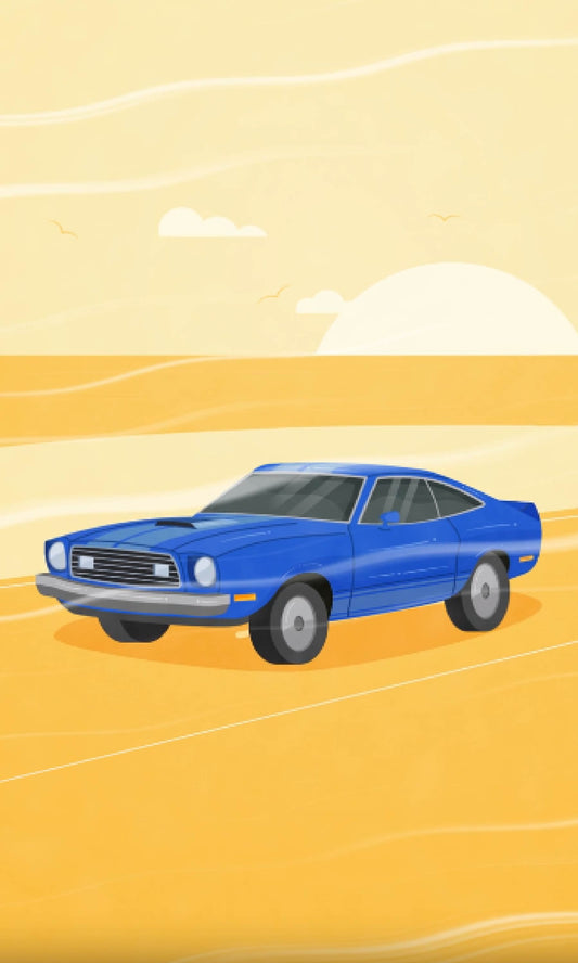 Blue Vintage Car Digital Artwork – Desert Sunset Illustration