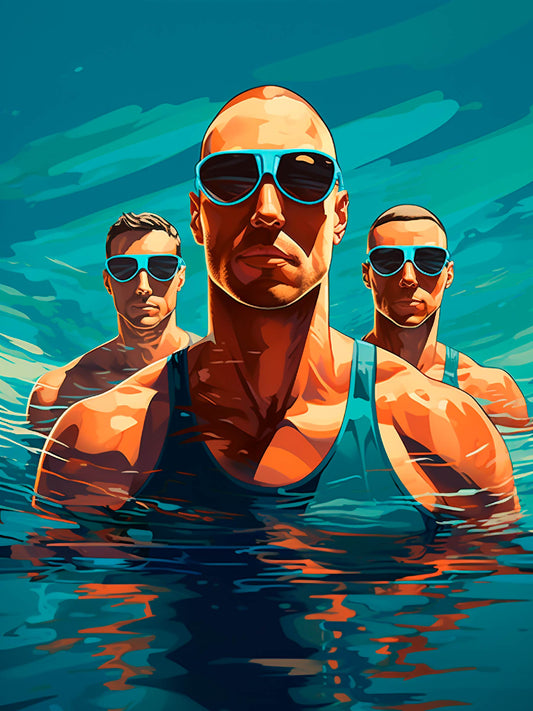 Digital Artwork of Bold Swimmers in Sunlit Waters
