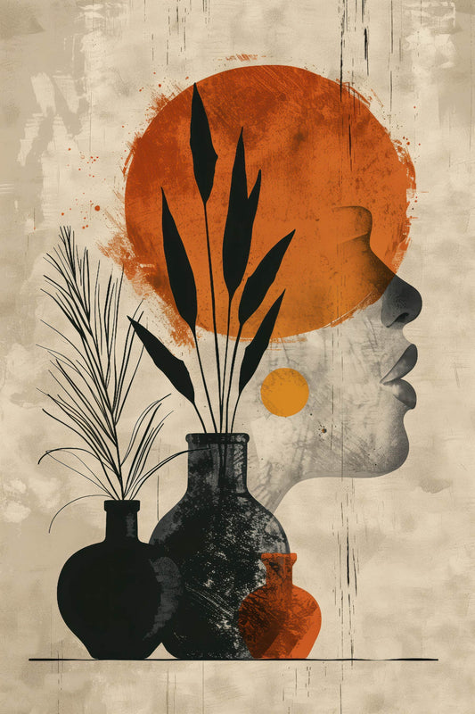 Minimalist Digital Artwork with Abstract Face and Sun Design