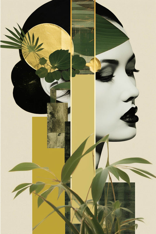 Digital Artwork Featuring Woman’s Portrait with Golden Geometry
