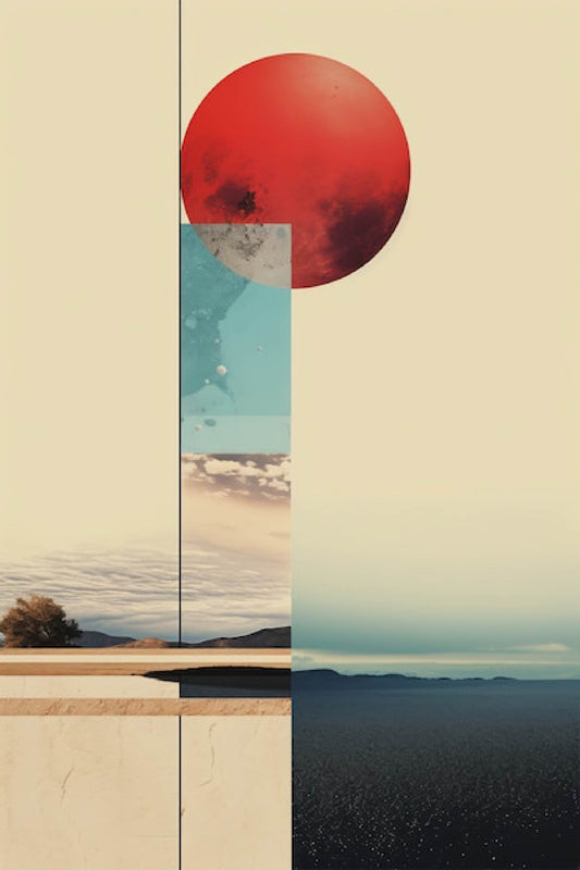 Abstract Landscape Digital Artwork with Bold Red Sun