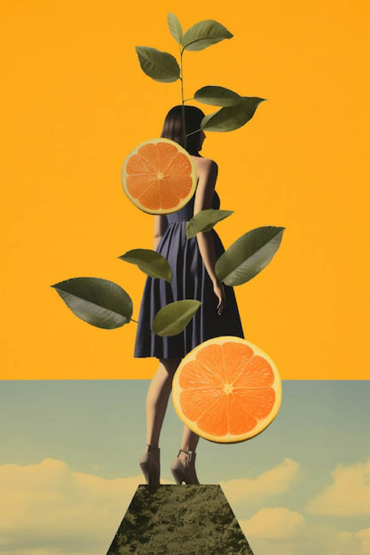 Vibrant Botanical Digital Artwork Of Woman with Oranges and Leaves
