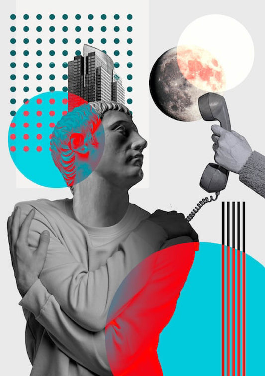 Surreal Digital Artwork of Classical Bust and Modern Elements