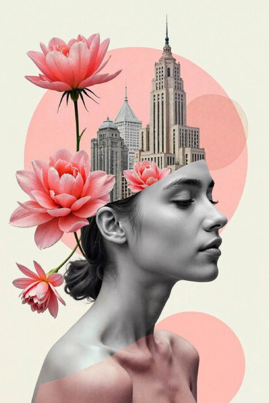 Surreal Lotus Bloom Digital Artwork with Urban Skyline