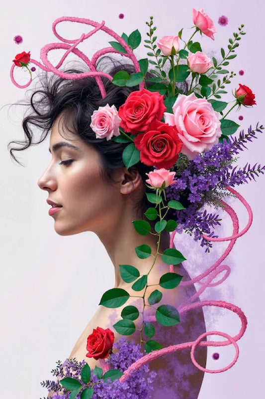 Aesthetic Digital Artwork of Woman and Flowers in Harmony