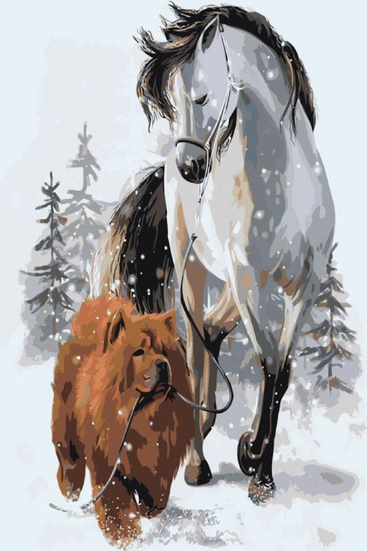 Snowy Forest Walk – Horse and Dog Digital Artwork