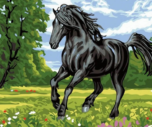 Black Horse in Blooming Meadow Digital Artwork