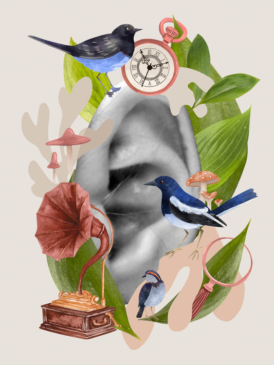 Modern Surreal Nature Digital Artwork – Vintage Gramophone & Birds