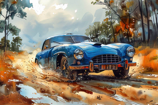 Blue Vintage Car Digital Artwork – Adventure on a Dirt Road